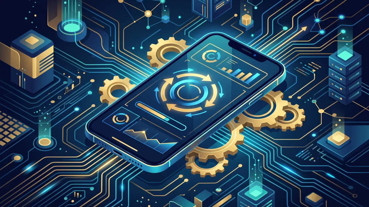رسم توضيحي تقني يرمز لتعطل التطبيقات المصرفية والمعاملات المالية الرقمية المعلقة