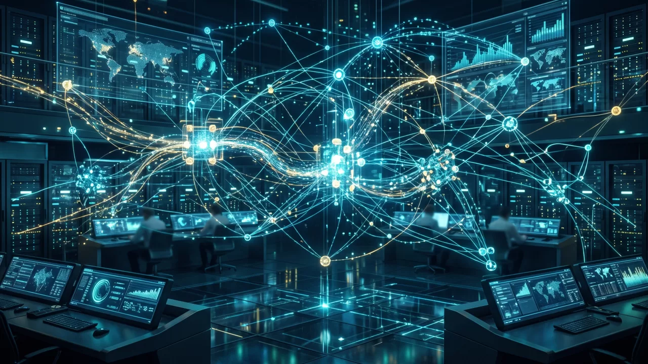 تمثيل تجريدي رقمي لشبكة المحول المصرفي والربط البيني بين الأنظمة المالية