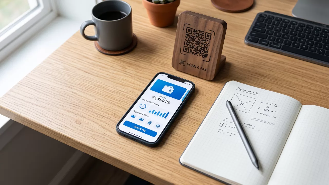 هاتف ذكي يعرض تطبيق محفظة رقمية بجوار حامل رمز استجابة سريعة ودفتر ملاحظات في مكتب تجاري أنيق