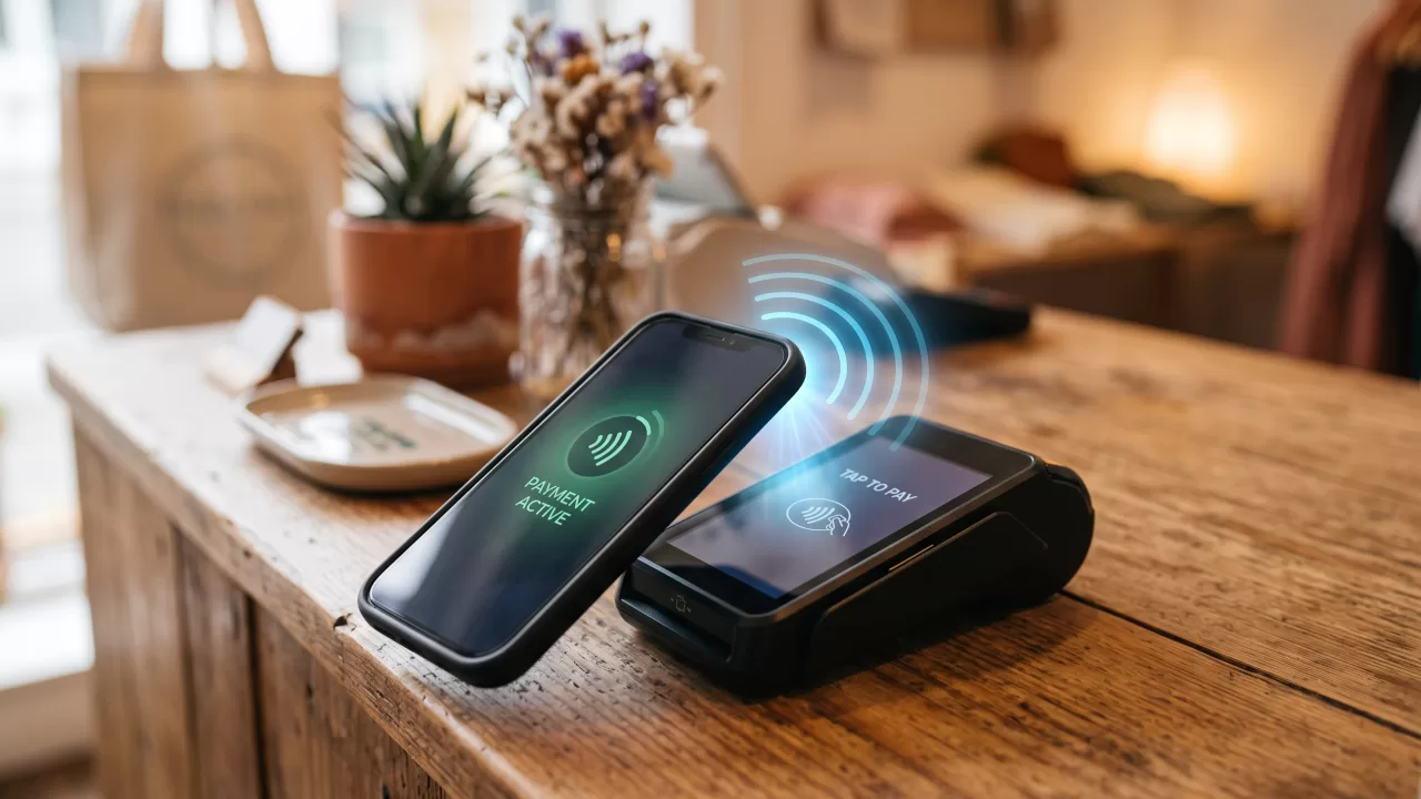 رسم توضيحي لعملية دفع لاتلامسي عبر تقنية الاتصال قريب المدى NFC بين هاتف ذكي وجهاز نقطة بيع